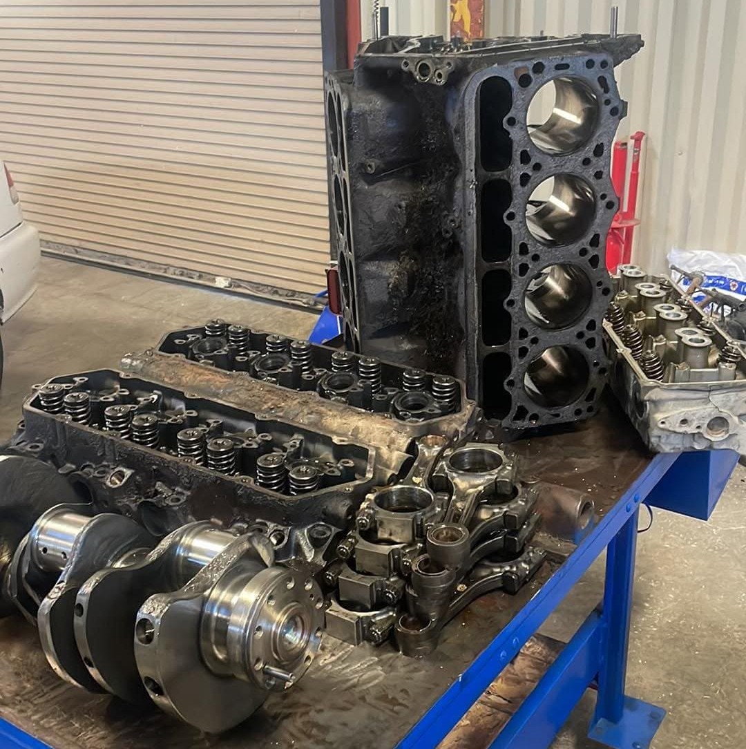 Diesel engine rebuild in progress at Gray Beard Diesel & Auto